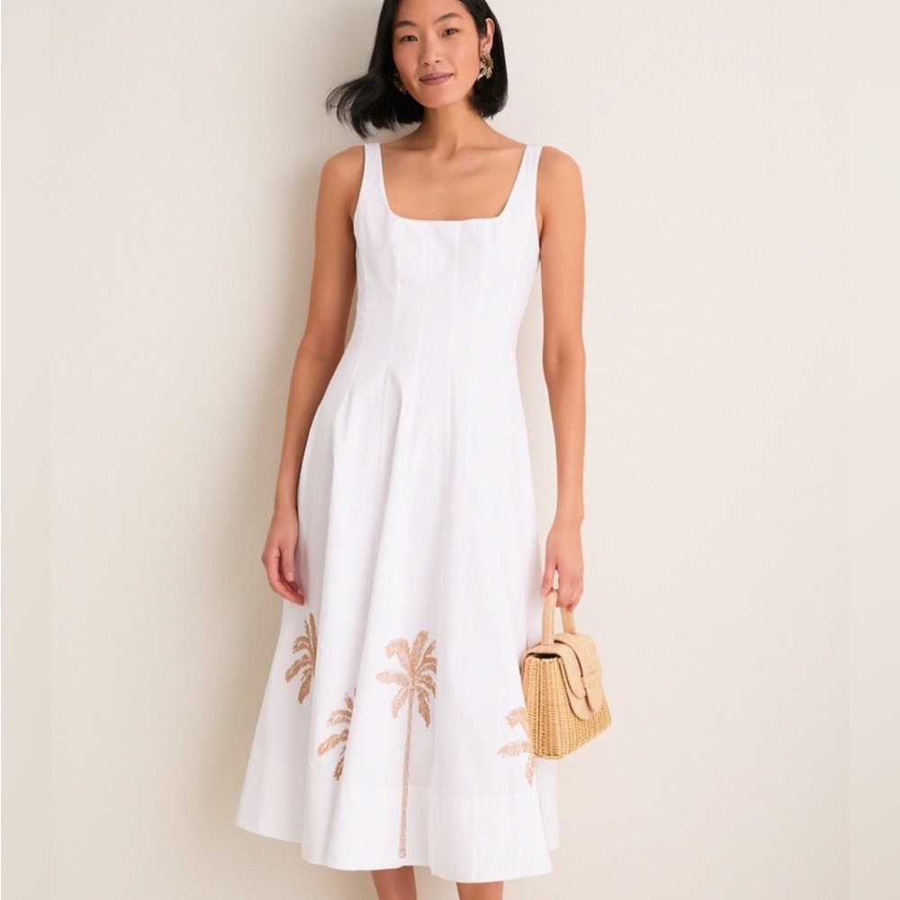 NEW STAUD Wells Palm-Embroidered Poplin Midi Dress, SIZE 14